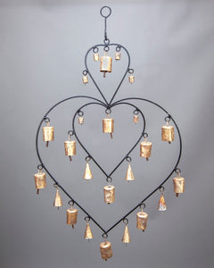 Double Heart Chime hanging brass bells for wall decor