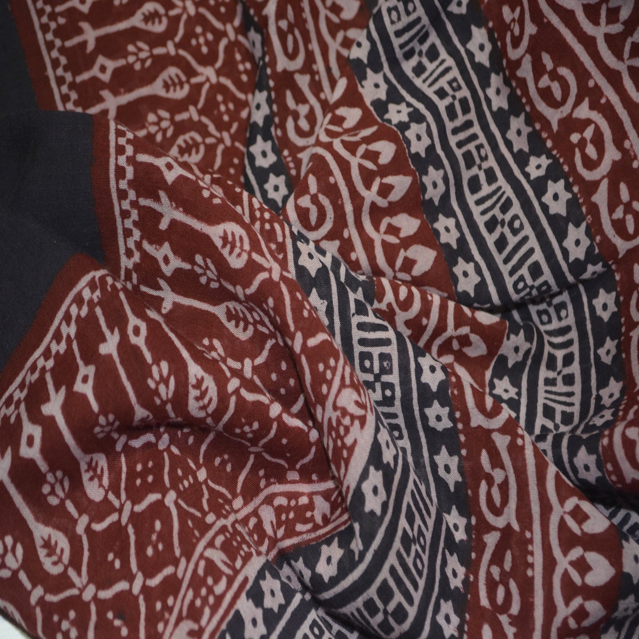 Sustainable Black and White Floral hand block printed cotton scarf