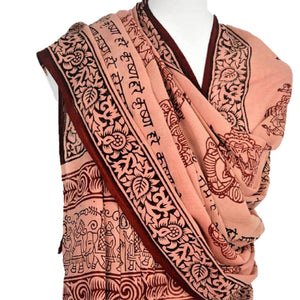 Red shawl dyed with sandalwood using handblock printing and hindu mantras