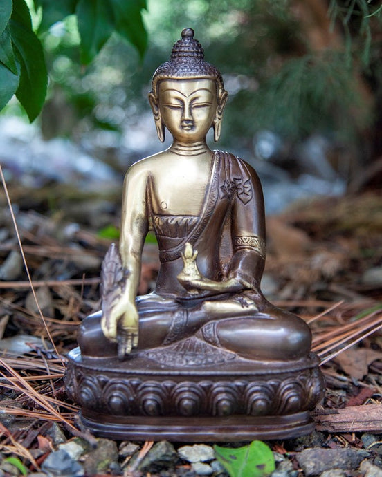 Medicine Brass Buddha Sitting On Lotus in Meditation Pose