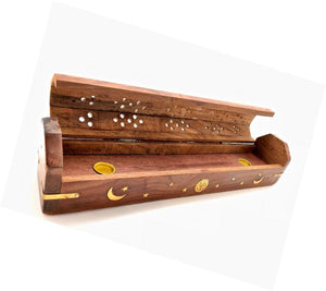 Celestial Wood Incense and cone Burner, Ash Catcher with storage -12"
